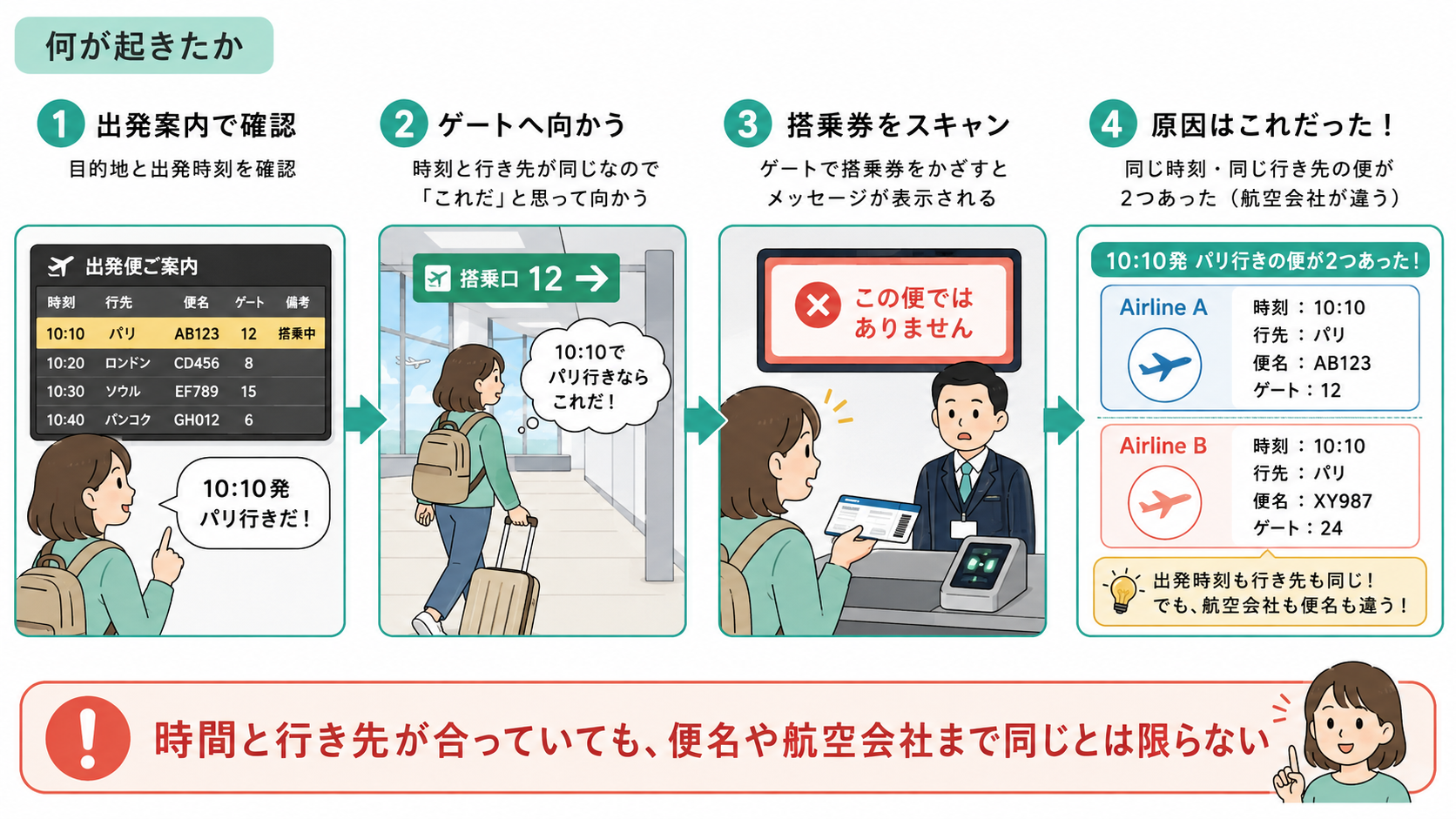 同じ目的地・同じ出発時刻でも、航空会社と便名が異なる二つの便を示した図
