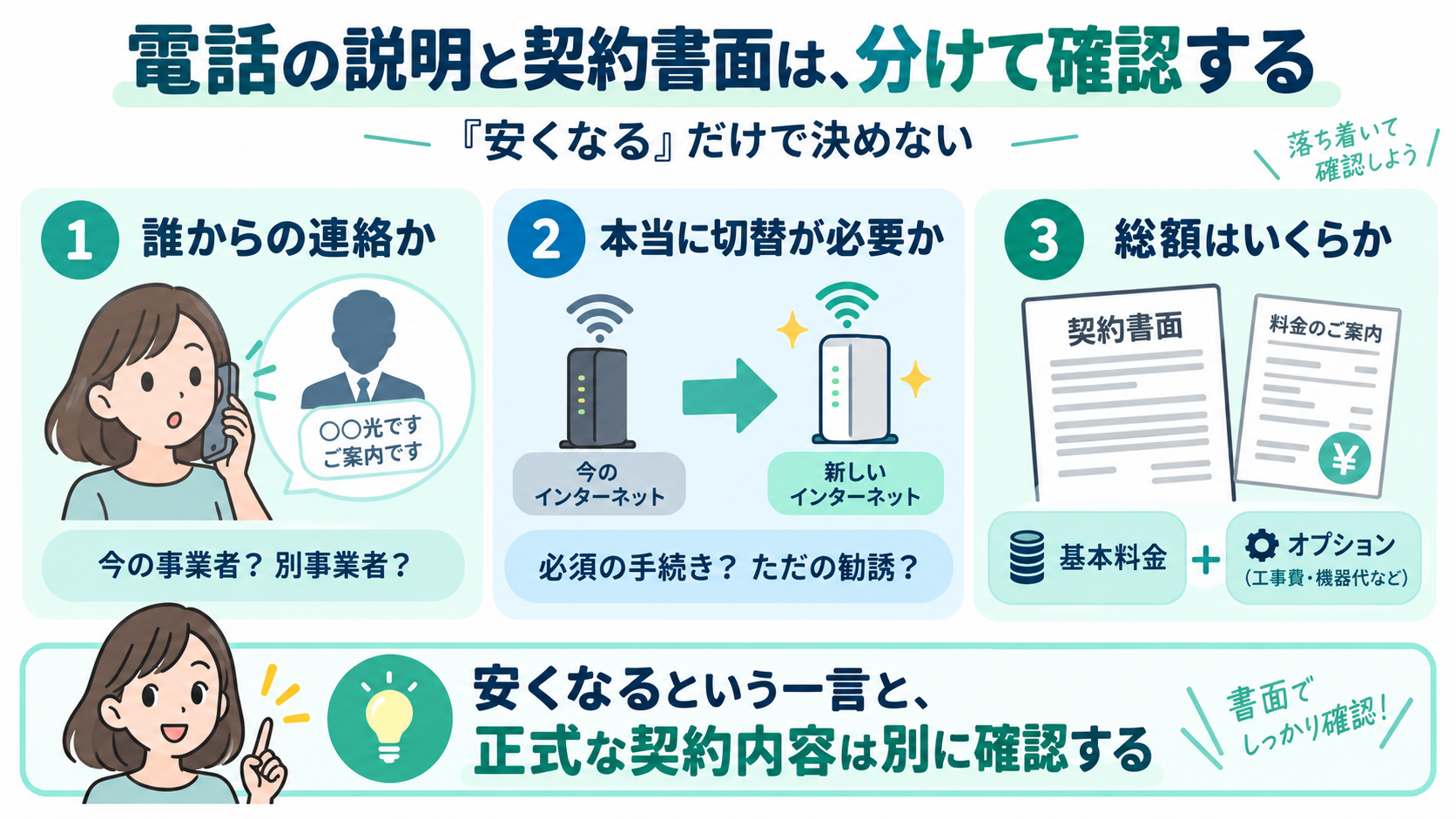 電話の説明と契約書面は分けて確認する。誰からの連絡か、本当に切替が必要か、総額はいくらかを、それぞれ書面で確認することを示した図